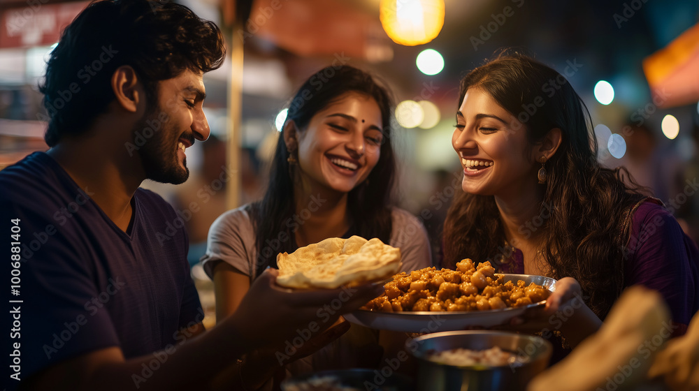 A couple sharing a plate of chana masala and puri at a bustling street food stall, with laughter and joyful conversation filling the air