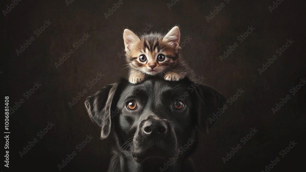 Obraz premium a cute kitten sitting on the head of a dog