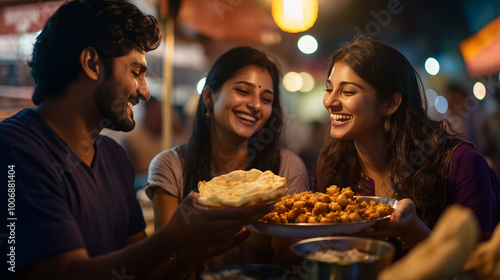 Obraz na płótnie A couple sharing a plate of chana masala and puri at a bustling street food stall, with laughter and joyful conversation filling the air w salonie