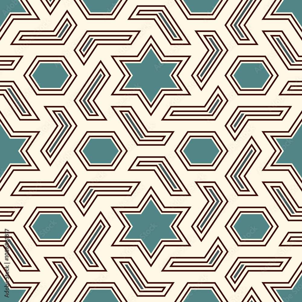 Oriental ancient mosaic seamless pattern. Arabesque ornament. Repeated geometric figures, hexagon, star motif surface print. Ornamental wallpaper. Geo design digital paper. Vector abstract background Oriental ancient mosaic seamless pattern. Arabesque ornament. Repeated geometric figures, hexagon, star motif surface print. Ornamental wallpaper. Geo design digital paper. Vector abstract background
