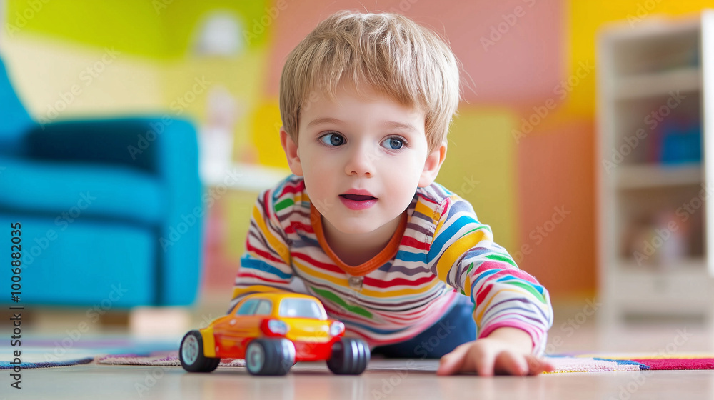 A cute American boy focused on rolling a toy car across the living room floor, wearing a striped shirt, vibrant colors in the background