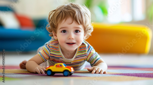 Obraz na płótnie A cute American boy focused on rolling a toy car across the living room floor, wearing a striped shirt, vibrant colors in the background w salonie