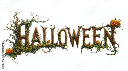 A forest-inspired logo HALLOWEEN with the letters crafted from intertwining branches, vine tendrils, and small pumpkins accenting the text, on a white background