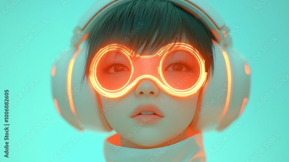 3d rendering of a Futuristic young woman portrait wearing neon orange goggles and headphones in a teal and orange color scheme. Wallpaper for cyberpunk virtual reality immersion technology 3d rendering of a Futuristic young woman portrait wearing neon orange goggles and headphones in a teal and orange color scheme. Wallpaper for cyberpunk virtual reality immersion technology