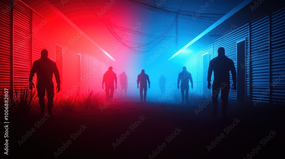 Fototapeta premium Silhouettes of figures walking through a misty environment illuminated by red and blue lights.