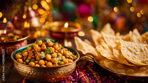 Obraz na płótnie A mouthwatering display of chana masala alongside crispy puri, set against a backdrop of an Indian festival with vibrant decorations w salonie