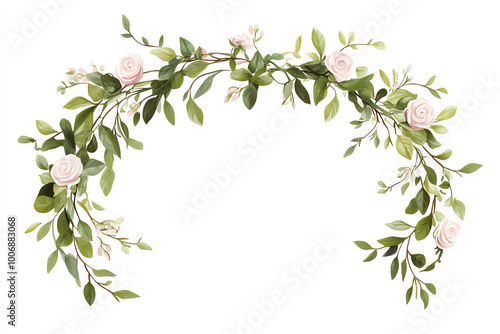 Floral arch with pink roses and green leaves on white isolated background.