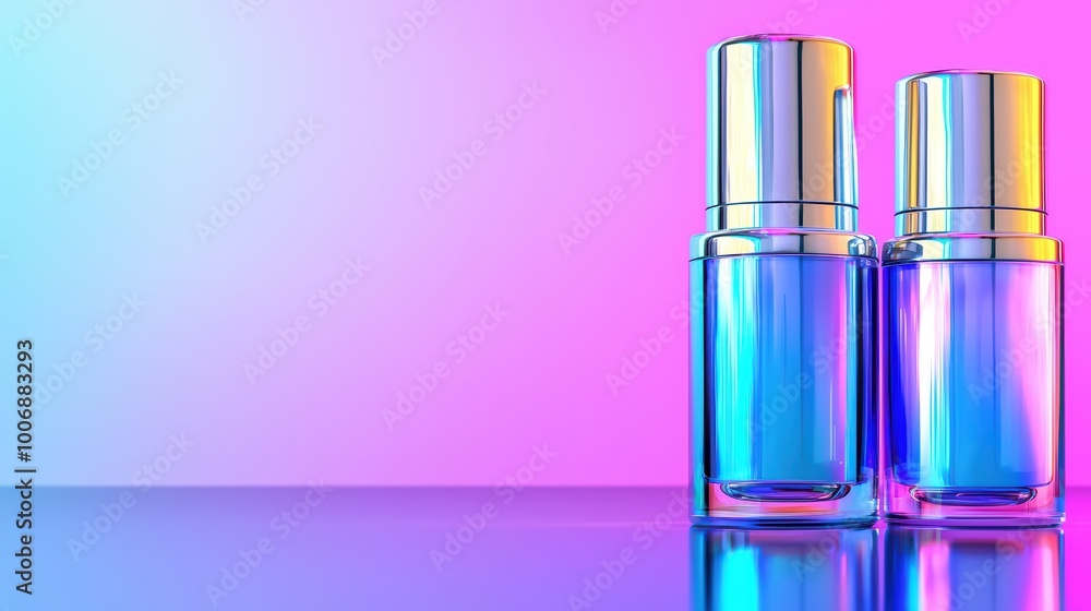 Stylish cosmetic bottles with colorful reflections against a gradient background. Stylish cosmetic bottles with colorful reflections against a gradient background.