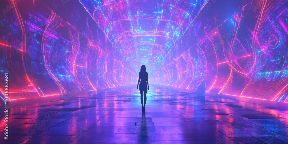 a person standing in a tunnel with neon lights a person standing in a tunnel with neon lights