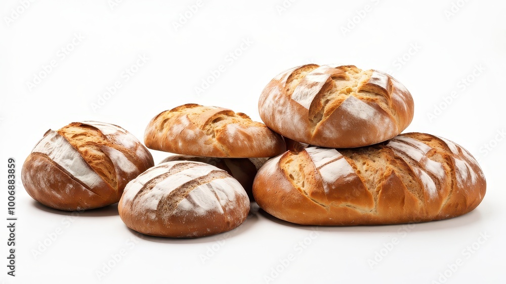 A collection of freshly baked bread rolls arranged on a white background. A collection of freshly baked bread rolls arranged on a white background.