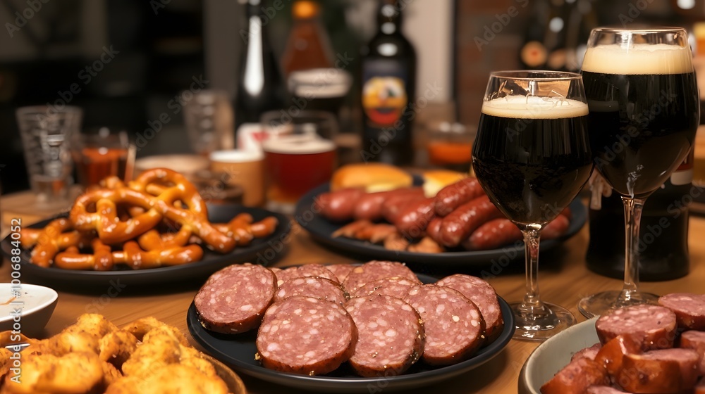 A tempting spread of German snacks with drinks, featuring pretzels and sausages. A tempting spread of German snacks with drinks, featuring pretzels and sausages.