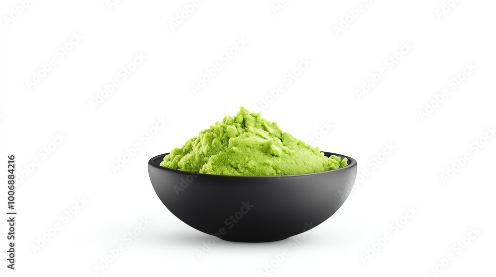 Fresh green wasabi paste served in a black bowl on a white isolated background. Fresh green wasabi paste served in a black bowl on a white isolated background.