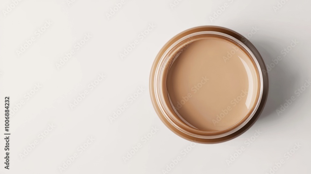 Close-up of a glossy foundation cream in a round container, viewed from above. Smooth texture, no logo or branding. Minimalist white background. Close-up of a glossy foundation cream in a round container, viewed from above. Smooth texture, no logo or branding. Minimalist white background.
