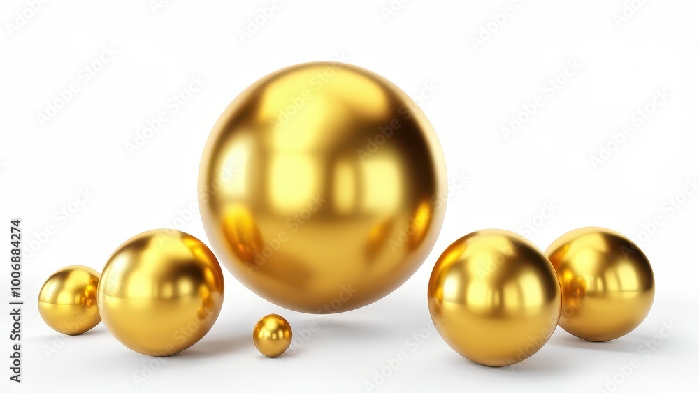 A collection of shiny golden spheres of varying sizes on a white background. A collection of shiny golden spheres of varying sizes on a white background.