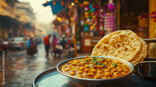 Obraz na płótnie A beautifully plated dish of chole and puri, served on a traditional table, with a lively street scene and Indian decorations in the background w salonie