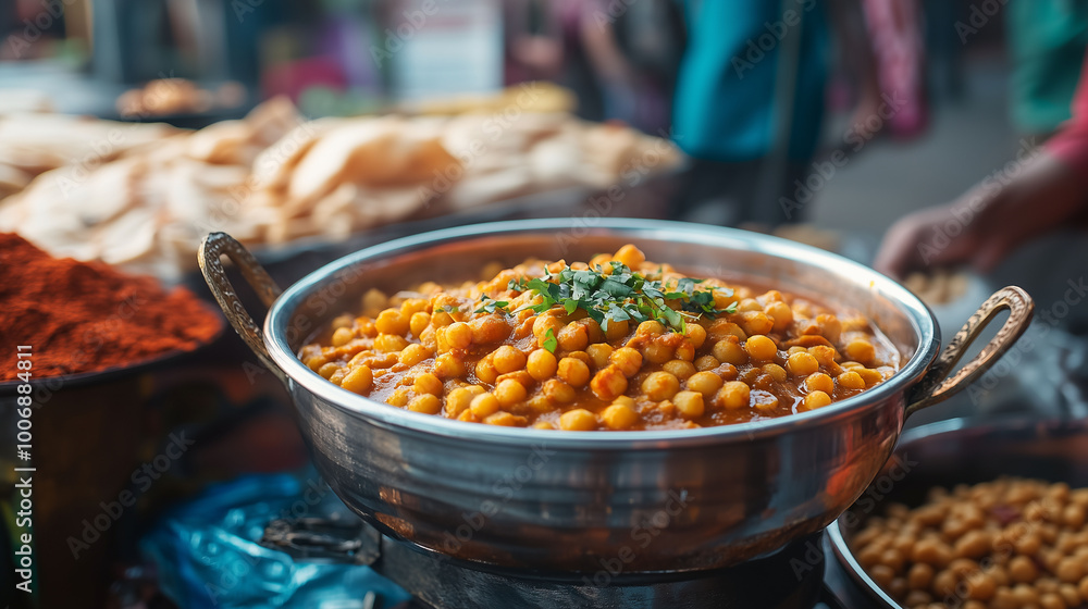 A vibrant bowl of chana masala served with fluffy puri, surrounded by street vendors, colorful spices in the background