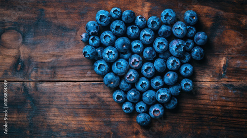 Heart-Shaped Blueberry Arrangement on Rustic Wooden Background. Heart-Healty concept, Heart-Check Certified Fruits. photo