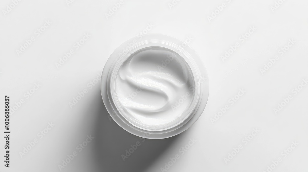 Close-up of the top view of a rich moisturizing cream in a circular container. Shiny, even texture with no logo. Clean white background for a minimal look. Close-up of the top view of a rich moisturizing cream in a circular container. Shiny, even texture with no logo. Clean white background for a minimal look.