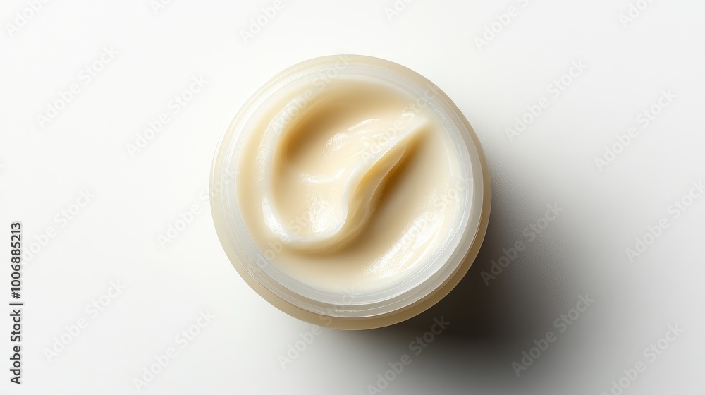 Close-up top view of a moisturizing cream sample with a smooth, shiny surface. No branding or logo. Presented on a clean white background. Close-up top view of a moisturizing cream sample with a smooth, shiny surface. No branding or logo. Presented on a clean white background.