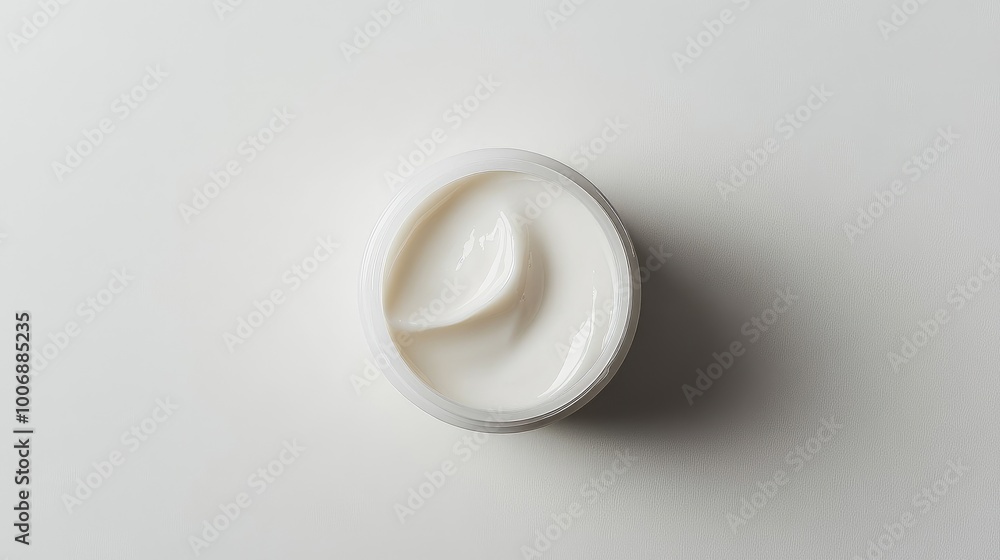 Close-up top view of a moisturizing cream sample with a smooth, shiny surface. No branding or logo. Presented on a clean white background. Close-up top view of a moisturizing cream sample with a smooth, shiny surface. No branding or logo. Presented on a clean white background.