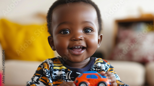 Obraz na płótnie An African toddler with big expressive eyes, holding a toy car and smiling, seated in a bright, cozy living room with natural textures w salonie