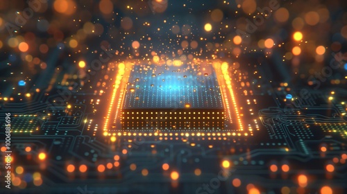 Quantum Cpu processing data with light particles flowing on circuit board; concept of artificial intelligence and machine learning. Poster and wallpaper on scifi motherboard and microchip
