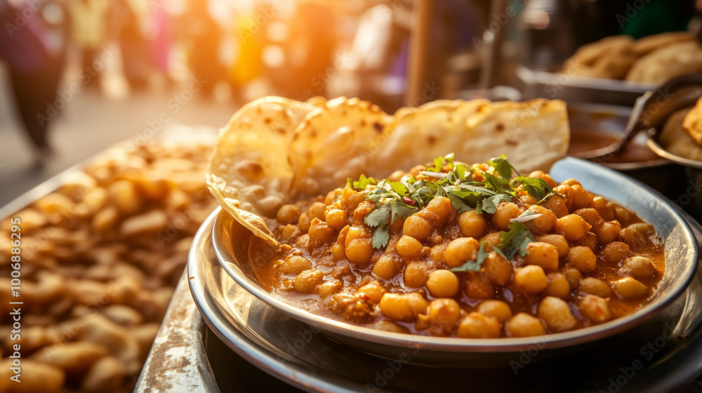 Close-up of a delicious plate featuring chana masala and puri, with bustling street food stalls in the background, warm sunlight illuminating the scene