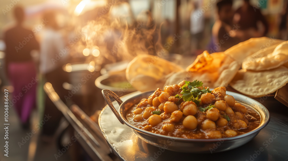 Close-up of a delicious plate featuring chana masala and puri, with bustling street food stalls in the background, warm sunlight illuminating the scene