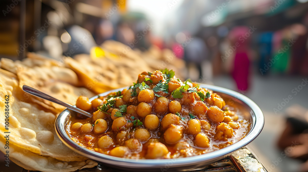 Close-up of a delicious plate featuring chana masala and puri, with bustling street food stalls in the background, warm sunlight illuminating the scene