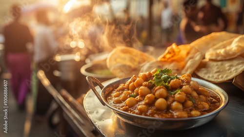 Close-up of a delicious plate featuring chana masala and puri, with bustling street food stalls in the background, warm sunlight illuminating the scene