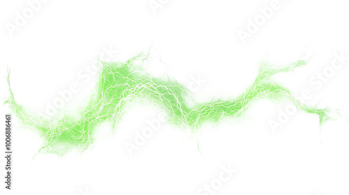 Green electric lightning isolated on white and transparent background.