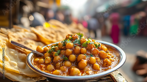Obraz na płótnie Close-up of a delicious plate featuring chana masala and puri, with bustling street food stalls in the background, warm sunlight illuminating the scene w salonie