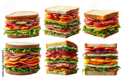 Fresh sandwich layers with vegetables and deli meats isolated on transparent background photo