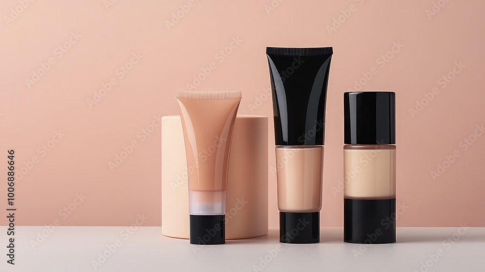 Liquid foundation and cosmetic cream tubes displayed on a clean surface, ideal for beauty product branding. No logos or people to distract from the products. Liquid foundation and cosmetic cream tubes displayed on a clean surface, ideal for beauty product branding. No logos or people to distract from the products.