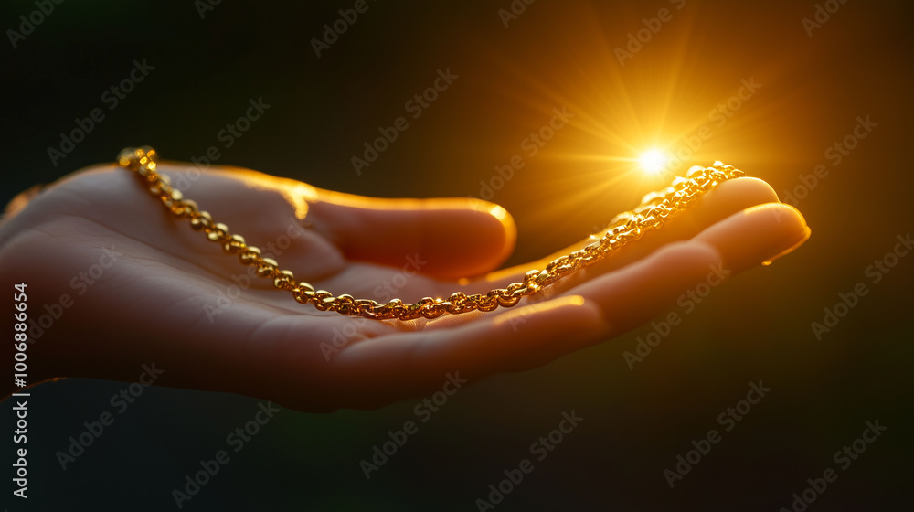 Detailed shot of a female hand gently grasping a golden chain, with bright light highlighting its elegance, Asset or Gold Loan concept