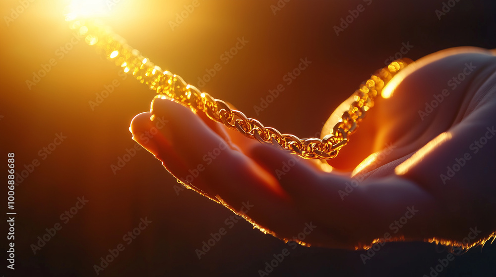 Detailed shot of a female hand gently grasping a golden chain, with bright light highlighting its elegance, Asset or Gold Loan concept