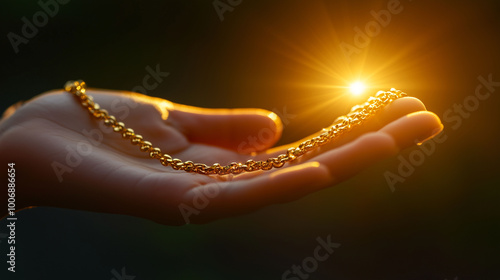 Detailed shot of a female hand gently grasping a golden chain, with bright light highlighting its elegance, Asset or Gold Loan concept
