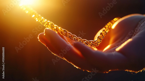 Obraz na płótnie Detailed shot of a female hand gently grasping a golden chain, with bright light highlighting its elegance, Asset or Gold Loan concept w salonie