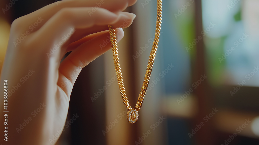Female hand lifting a golden necklace, sharp details with blurred background, showcasing luxury and investment, Asset or Gold Loan concept
