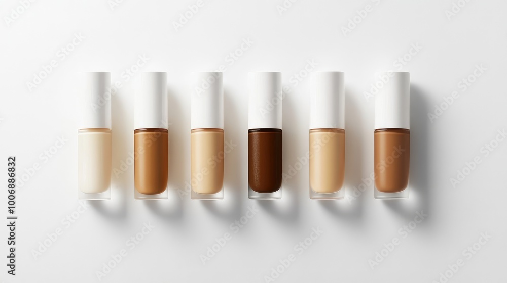 Liquid foundation collection with cream tubes, arranged in a sleek, professional style for beauty ads, placed on a white background. No logos or people. Liquid foundation collection with cream tubes, arranged in a sleek, professional style for beauty ads, placed on a white background. No logos or people.