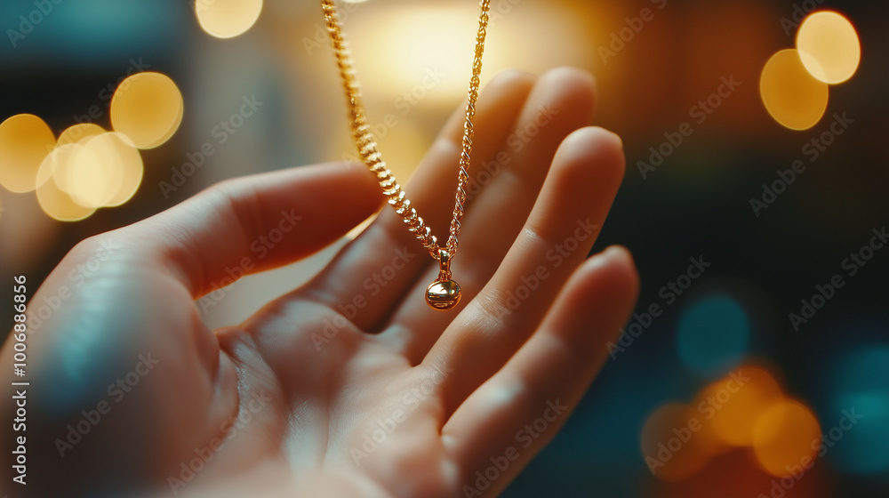 Female hand lifting a golden necklace, sharp details with blurred background, showcasing luxury and investment, Asset or Gold Loan concept