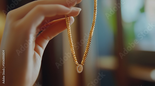 Obraz na płótnie Female hand lifting a golden necklace, sharp details with blurred background, showcasing luxury and investment, Asset or Gold Loan concept w salonie