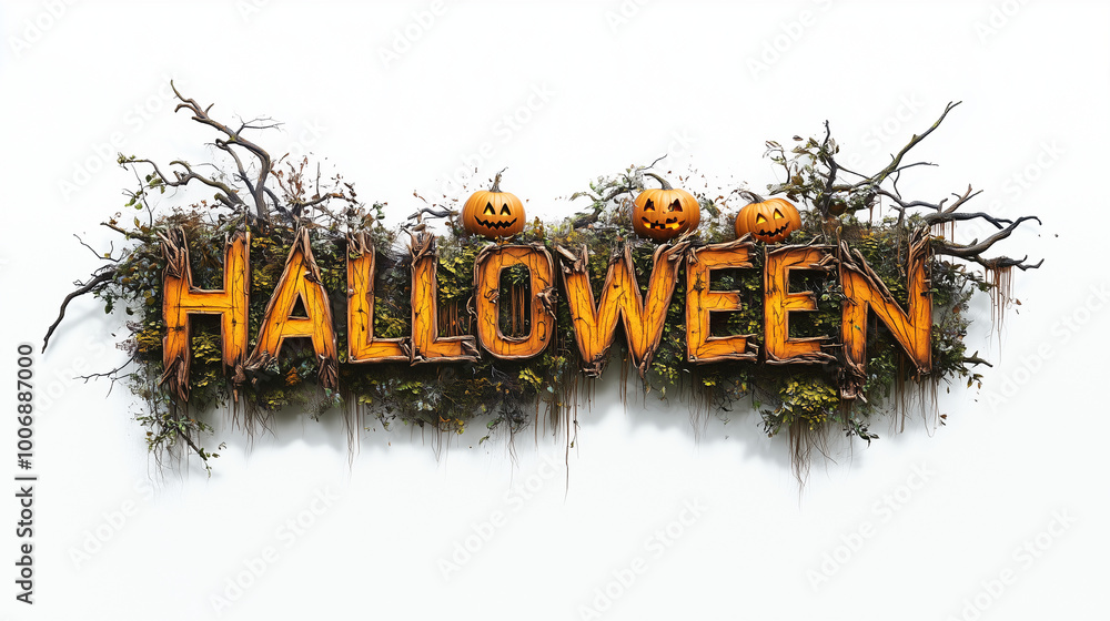 The HALLOWEEN logo created from earthy materials, branches, wooden pieces, and vines with pumpkins nestled within the letters, set against a clean white backdrop