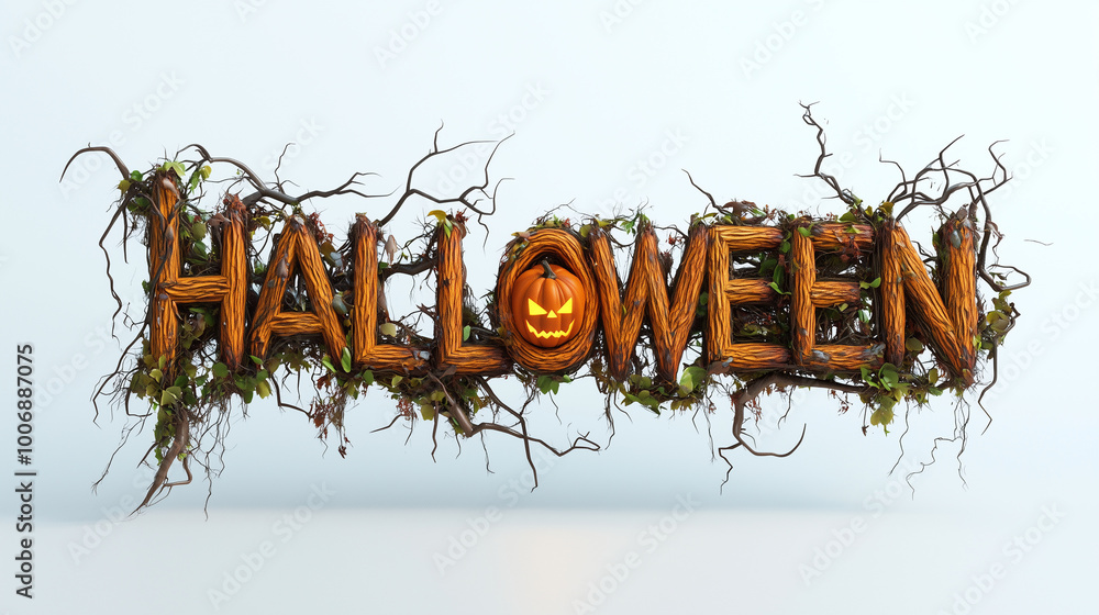 The HALLOWEEN logo created from earthy materials, branches, wooden pieces, and vines with pumpkins nestled within the letters, set against a clean white backdrop