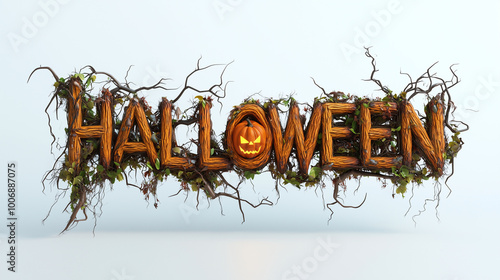 Obraz na płótnie The HALLOWEEN logo created from earthy materials, branches, wooden pieces, and vines with pumpkins nestled within the letters, set against a clean white backdrop w salonie