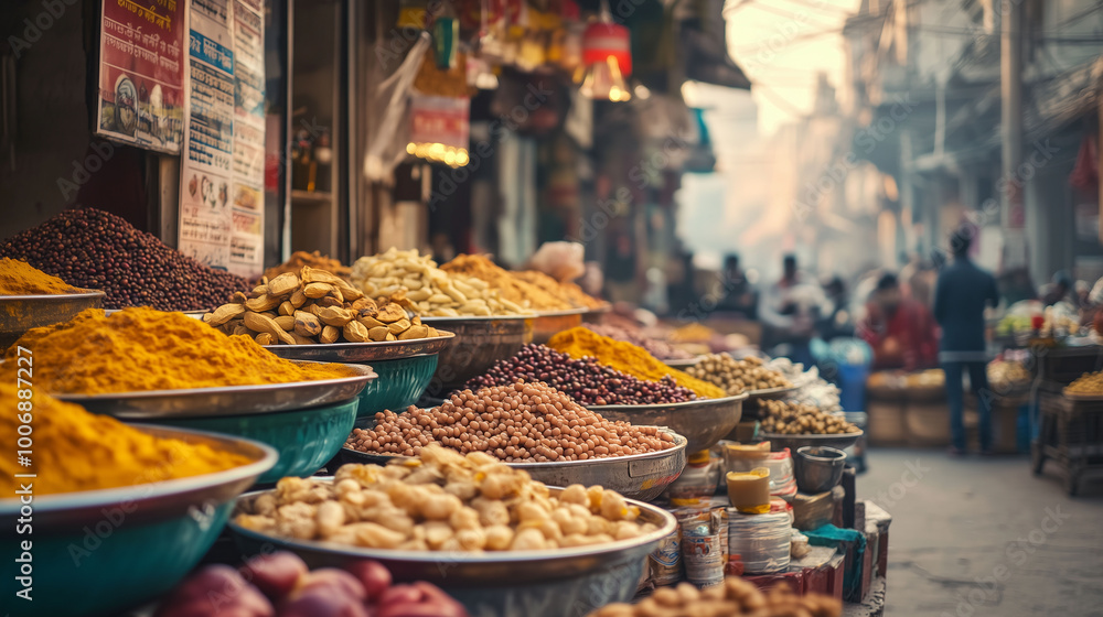 A colorful street market filled with spices, fruits, and a vendor serving chana masala and puri, capturing the essence of Indian street food culture