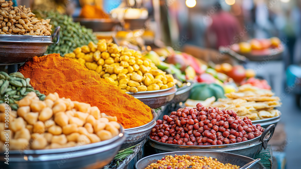 A colorful street market filled with spices, fruits, and a vendor serving chana masala and puri, capturing the essence of Indian street food culture