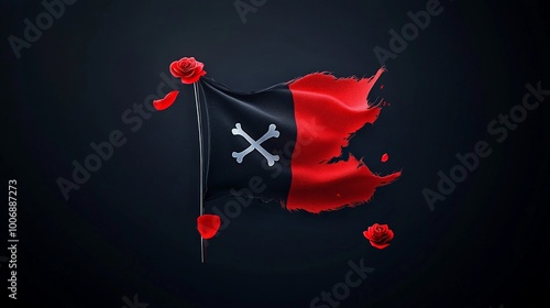 Pirate Flag with Roses: A tattered black and red pirate flag with a white skull and crossbones, billowing in the wind. The flag is set against a dark background. photo