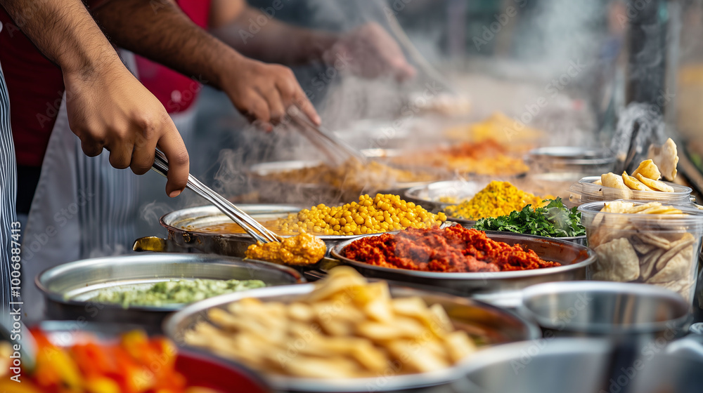 A chef preparing chana masala and puri at a vibrant street food cart, with colorful ingredients and happy customers enjoying the meal