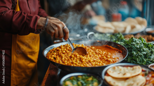 A chef preparing chana masala and puri at a vibrant street food cart, with colorful ingredients and happy customers enjoying the meal
